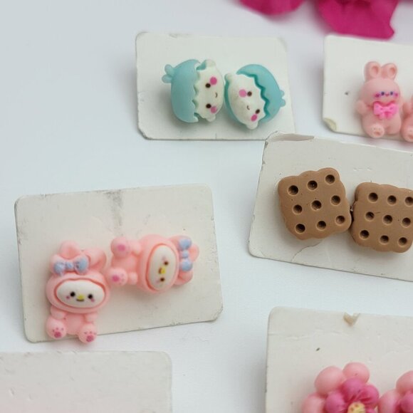 Kids Earrings Stud Multicolor Plastic Lot Of 20 Pairs Bunny Bear Orange Flower - Picture 10 of 12